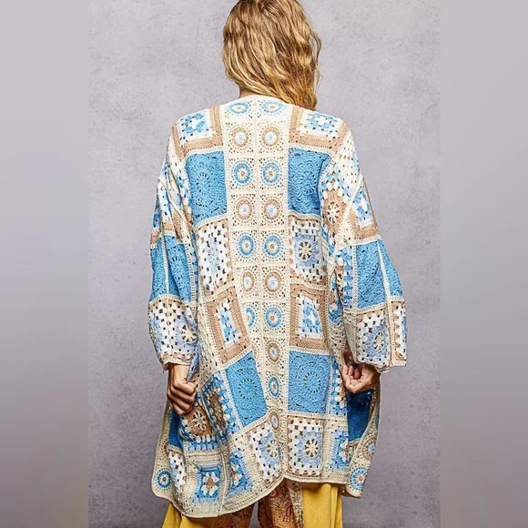 POL NWT Cardigan Blue Crocheted Relaxed Fit Granny Square Pattern One Size - Picture 3 of 3